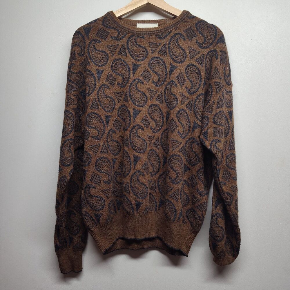J.T. Beckett Sweater Men L Brown Blue Paisley Wool Blend Preppy Workwear Casual